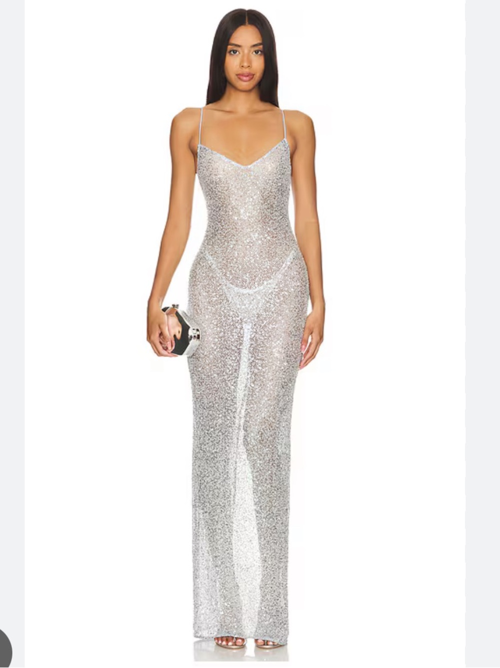 NBD Silver Sequin Sheer Maxi Dress